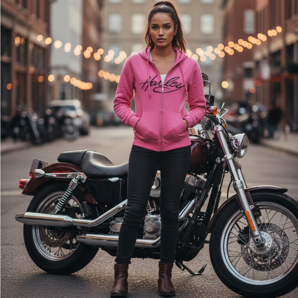 Harley Davidson Pink Hoodie with Zipper Pockets